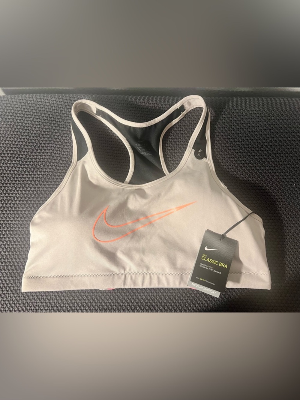 Nike Sports Bra Women’s XL Dri Fit Classic Med Support NWT Gray Peach Neon Logo
